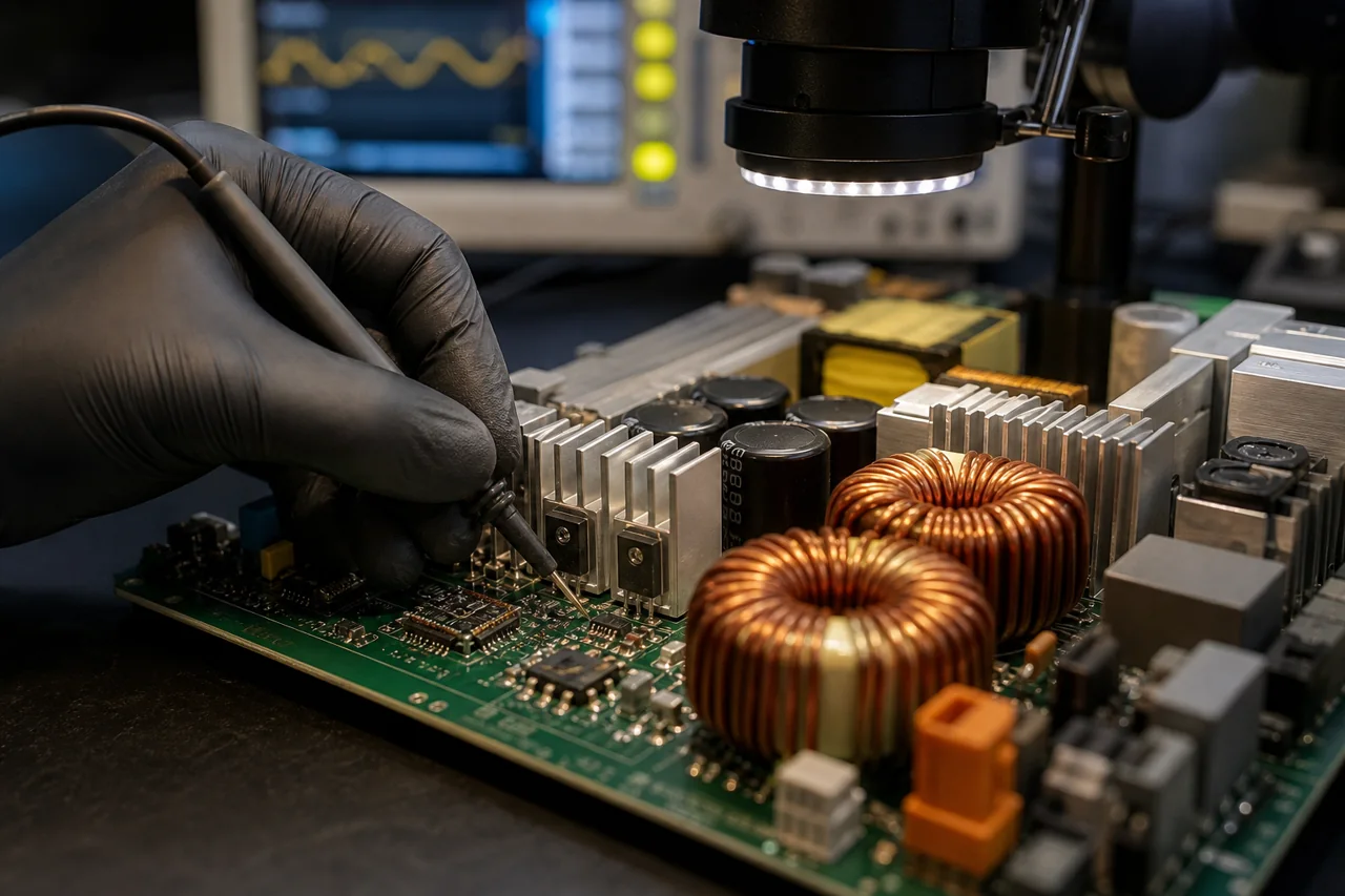 Concept close-up of component-level diagnostics on an inverter power board